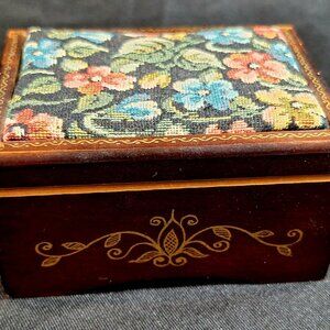 Vintage Reuge Wood Jewelry Music Box Embroidered Tapestry Needlepoint Floral